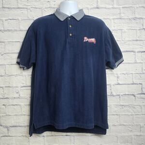 Vintage Atlanta Braves Shirt Mens Size Large Navy Blue Polo by Dynasty TINY FLAW